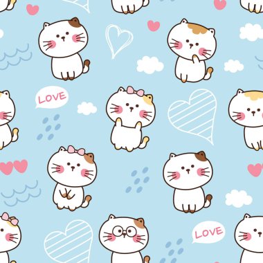 Mavi arka planda kalbi olan sevimli bir kedinin kusursuz deseni. Karikatür hayvan karalaması. Kawai. Bebek ürünü, kart, duvar kağıdı, çıkartma, afiş..