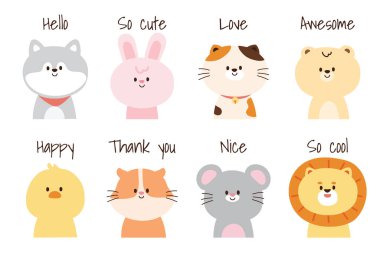 Beyaz arkaplanda yazılı şirin hayvanlar. Aslan, fare, hamster, tavuk, ayı, kedi, tavşan, sibirya köpek karikatürü. Kawai. Çocuk grafiği. İzole edilmiş..