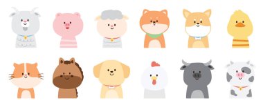 Beyaz arka planda sevimli çiftlik hayvanları ve hayvanlar. Keçi, domuz, koyun, shiba inu, corgi, ördek, hamster, at, köpek, tavuk, bufalo, inek, labrador çizgi filmi. Çocuk grafik tasarımı. Kawaii.Collection. İllüstrasyon.