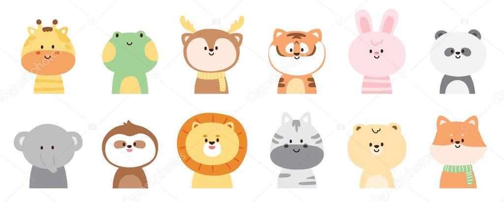 Set of cute happy wild animals on white background.Giraffe,frog,deer,tiger,rabbit,panda,bear,elephant,sloth,lion,zebra,bear,fox cartoon collection.Forest.Isolated.Kawaii.Vector.Illustration.