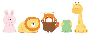 Beyaz arka planda çeşitli pozlar veren sevimli vahşi hayvanlar. Tavşan, aslan, kırmızı panda, kurbağa, zürafa karikatürü. Kawaii.Vector.