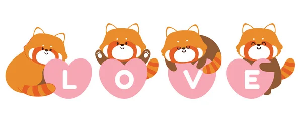Conjunto Panda Vermelha Com Texto Amor Coração Rosa Fundo Branco — Vetor de Stock
