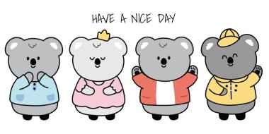 Çeşitli pozlarda şirin kola ayıları beyaz arka planda durur. Hayvan çizgi film karakteri tasarımı. İyi günler. Zoo.Kawaii.Vactor. Görüntü.