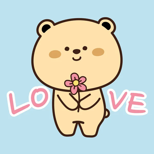 かわいいクマは青の背景に描かれたピンクの花の手を保持します 動物の落書き漫画のキャラクターデザイン Kawaii Teddy Kidグラフィックカード ポスター ステッカー 子供服のための画像 — ストックベクタ