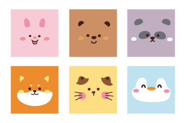 Hayvan suratlı şirin el çizimi. Karikatür koleksiyonu. Tavşan, ayı, panda, shiba inu köpek, kedi, penguen. Kart, poster, bebek bezi, etiket..