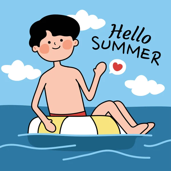 海の手描きで水泳リングを持つ男 こんにちは夏の書き込み空の背景 漫画のキャラクターデザイン — ストックベクタ