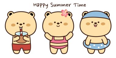 Beyaz arka planda bir dizi şirin ayı çizgi filmi. Mutlu yaz zamanı konsepti. Teddy hindistan cevizi suyu içer, mayo giyer, yüzer..