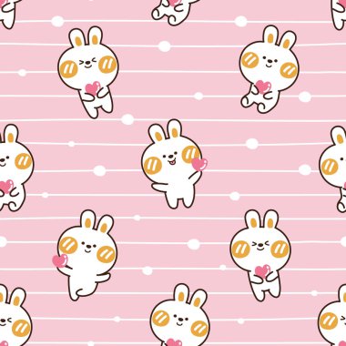Pembe arka planda kusursuz şirin tavşan deseni. Karikatür hayvan tasarımı. Kwai. Duvar kağıdı..