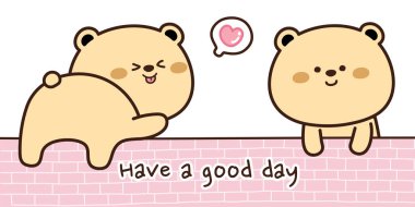 Karikatür tarzı pankartta kalbi olan sevimli bir ayı. Çizgi film karakteri el çizimi. Beyaz arka plana hayvan karalaması. Kawaii Teddy..