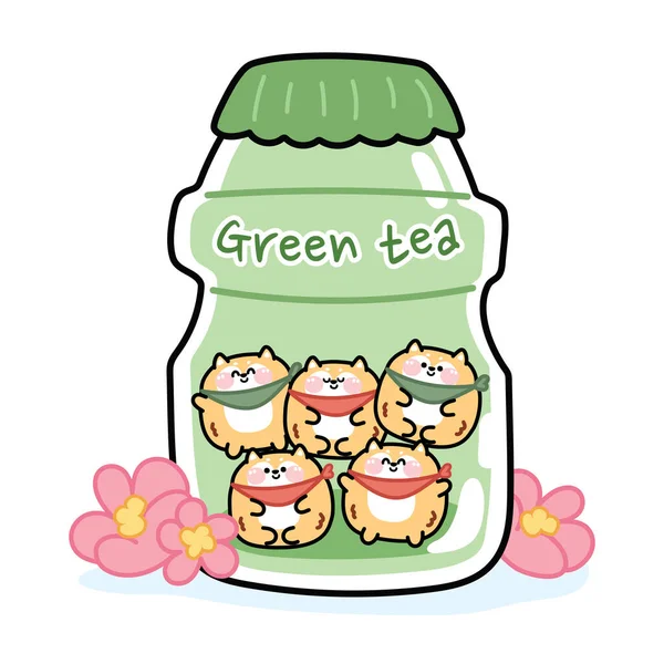 Netter Shiba Inu Hund Grüner Teemilchflasche Mit Sakura Blüte Animal — Stockvektor