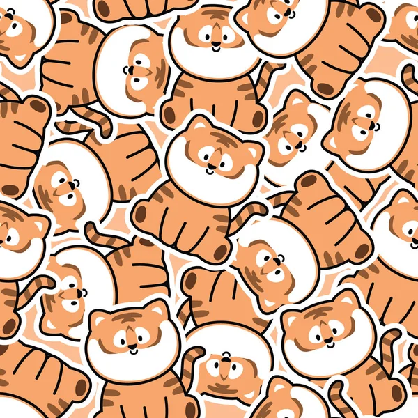 Repeat Seamless Padrão Bonito Sorriso Tigre Desenho Animado Sticker Orange — Vetor de Stock
