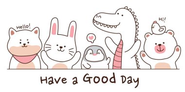 Sevimli hayvanların el yazısı. Çizgi film karakteri tasarımı. Tavşan, Shiba inu köpeği, penguen, timsah, ayı, karalama, Kawai. Kart, afiş, poster, yastık, çocuk tişörtü baskısı. İllüstrasyon..