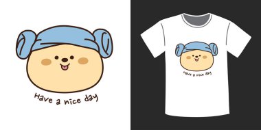 Tişört izi dizaynı. Şirin ayının kafasında mavi kumaş var. Teddy karalama. Kawaii Animal. Görüntü için kart, poster, çıkartma, çocuk ürünü, logo..