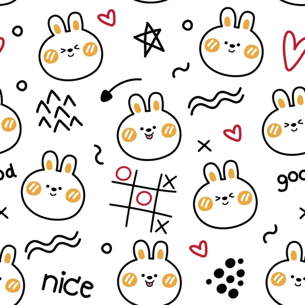 Seamless Pattern Cute Face Rabbit Doodle Cartoon Hand Drawn Background — Stock Vector