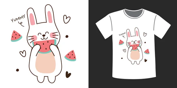 Shirt Print Design Cute Coelho Com Melancia Desenho Animado Style — Vetor de Stock