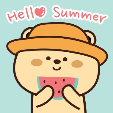 Mavi arka planda karpuz takan sevimli bir ayı. Merhaba yaz konsepti. Karikatür karakteri tasarımı. Hayvan karalaması. Kart, poster, afiş, çıkartma, çocuk yapımı..