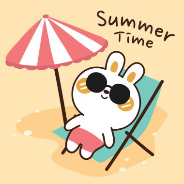 Sahilde çizgi film tarzında oturan sevimli tavşan. Deniz. El çizimi. Çocuk grafiği. Kawaii tavşanı..