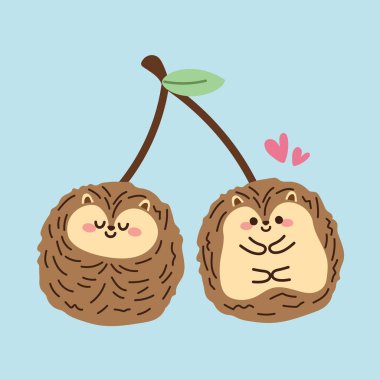 Mavi arka planda kalp karikatürü olan şirin kirpi kirazı. Hayvanlar için karakter tasarımı. Meyve. İzole edilmiş..