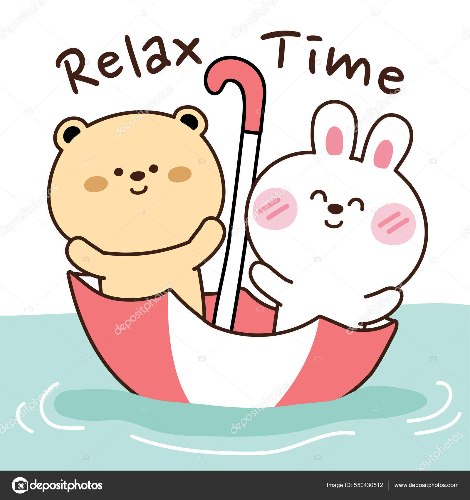 Conejo Oso Con Paraguas Mano Del Río Dibujado Sobre Fondo Vector