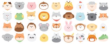 Beyaz arka planda bir sürü sevimli baş hayvan. Mutlu yüz hayvanı. İzole edilmiş. Kawai. Çocuk çizgi film tasarımları..