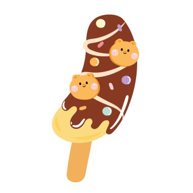 Küçük ayı başlı şirin muzlu çikolata. Japon yemek karikatürü. Tatlı. Kawai Pastel..