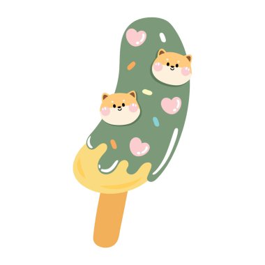 Küçük shiba inu köpek kafası şekerli şirin muz çayı. Japon yemek karikatürü. Tatlı. Kawai. Pastel..