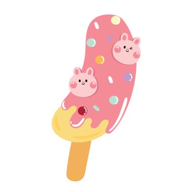 Küçük tavşan kafalı şirin muz çileği. Japon yemek karikatürü. Tatlı. Kawaii.Pastel..