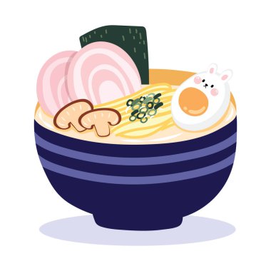 Beyaz arka planda küçük tavşan yumurtalı tatlı tonkotsu ramen. Japon yemeği. Erişte. Kawaii usulü..