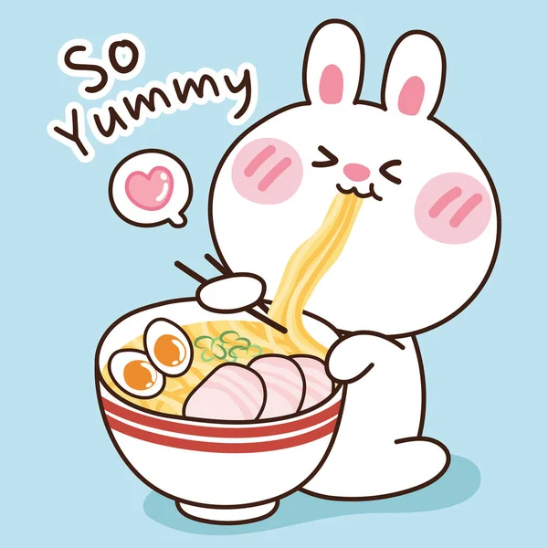 かわいいウサギが漫画風にラーメンを食べています 動物性のキャラクターハンドがデザインされています — ストックベクタ