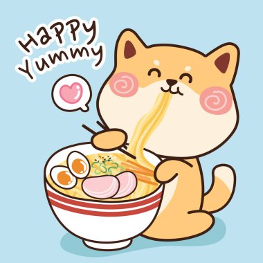 Shiba inu köpeği otur ve ramen ye. Hayvan karikatürü. Japon karikatürü. El çizimi. Kawai grafiği..