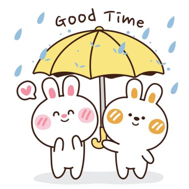 Şirin tavşan şemsiyeli el çizimi. Güzel zaman mesajı. Yağmur. Sevgi. Hayvan çizgi film karakteri tasarımı..