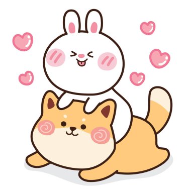 Beyaz arka plana Shiba Inu köpek eli çizilmiş tavşan. Heart.Sevimli çizgi film karakteri tasarımı. Hayvan karalaması. Çocuk grafiği..