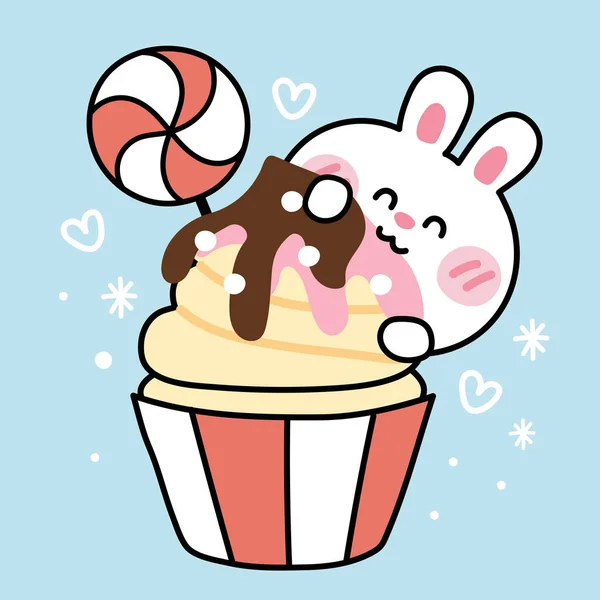 Lindo Conejo Comer Cupcake Mano Dibujado Sobre Fondo Azul Animal — Vector de stock