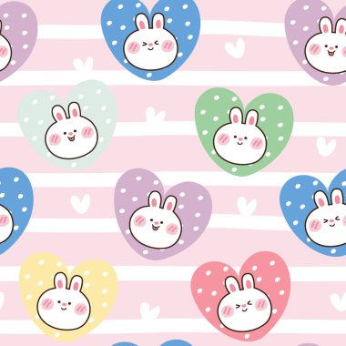 Pembe arka planda kusursuz desenli sevimli yüz tavşanı. Hayvan eli çizilmiş. Karikatür çizimi. Çocuk yapımı..