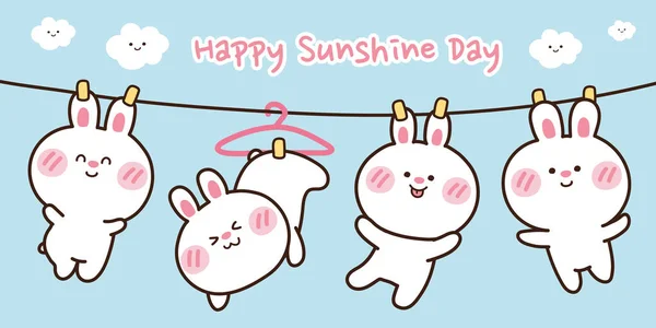 Nettes Kaninchen Hängen Einem Seil Und Wäscheleine Banner Happy Sunshine — Stockvektor