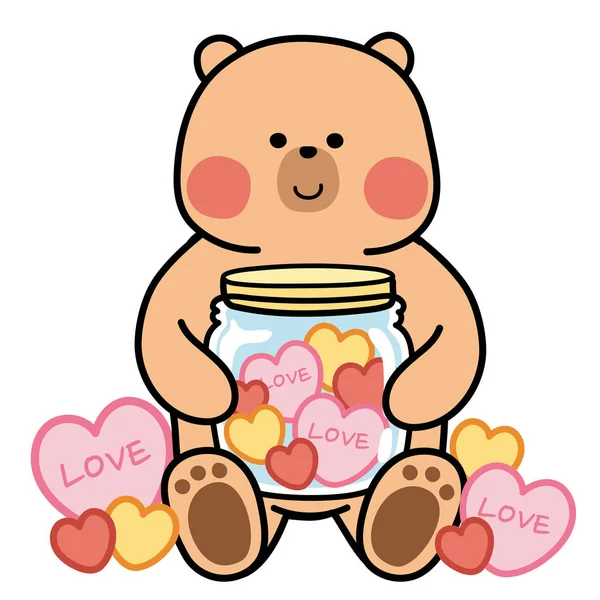 Orso Tenere Vaso Con Disegno Mano Del Cuore Cartoon Character — Vettoriale Stock