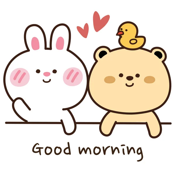 스타일의 귀여운 Good Morning Text Character Design Rabbit Bear Duck — 스톡 벡터