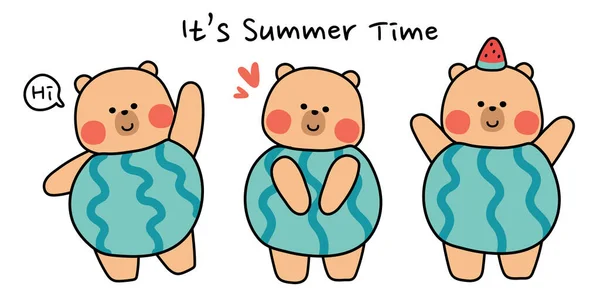一组可爱的褐色熊 各种姿势的西瓜手拉手 夏季概念 卡通动物人物设计集 Kawai Image Card Web Banner Sticker — 图库矢量图片