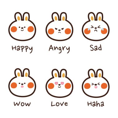 Bebek tavşan surat hazır hissediyor. Emoji tavşan koleksiyonu. Çıkartma çizgi film tasarımı. Sevimli tavşan ikonu. Hayvani karalama. El çekme. Vektör. Görüntü.