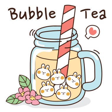 Köpüklü çay elin çizilmiş. Sütlü çay aromalı minik çiçekler. Sevimli tavşan inci çizgi film karakteri. Görüntü.