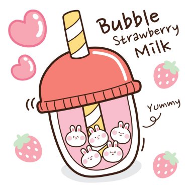 Kabarcık tavşan eli çizilmiş. Sütlü çay. Çilek ve kalp çizgi film geçmişi. Tatlı tavşan baloncuğu çilekli süt tasarımı. Lezzetli bir yazı. Vektör. Görüntü.