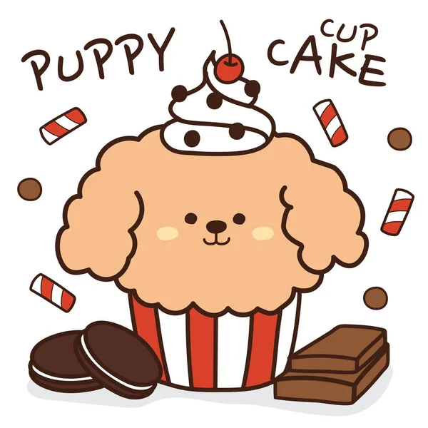 子犬ホイップクリームカップケーキ漫画 かわいい犬の手を描いた チョコレートバー クッキーとクリーム チェリードア 漫画のキャラクターデザイン カード Tシャツプリント 子供服に使用することができます ベクトル — ストックベクタ