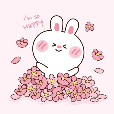 Çiçek yığınında güzel bir tavşan. Güzel bir çizgi film çizimi. Hayvan karakter tasarımı. Yazmaktan çok mutluyum. Pembe arka planda yavru tavşan. Tişört grafikleri. Tebrik kartı. Dekoratör. Vektör. Görüntü