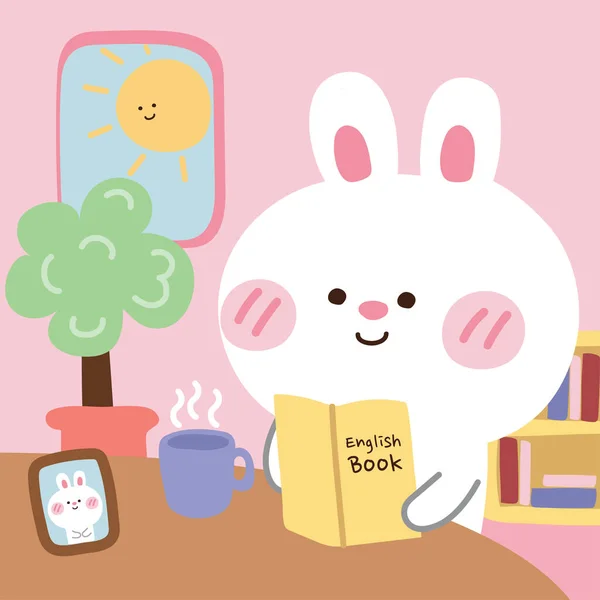 兔子宝宝在房间里看英语书 兔子在早上学习 有趣的卡通人物设计 Doodle 说明1 — 图库矢量图片