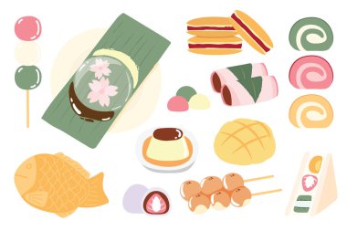 Tatlı Japon tatlı karikatürü seti. Mochi, puding, dango, dorayak.Matcha.trawberry.Isolated Kawaii.Vector.Illustration.