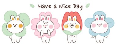 Tavşan başı seti. Çiçekli bahar arka planı olan bir hayvan. İyi yazılar. Sevimli çizgi film karakteri tasarımı. Vektör. Görüntü