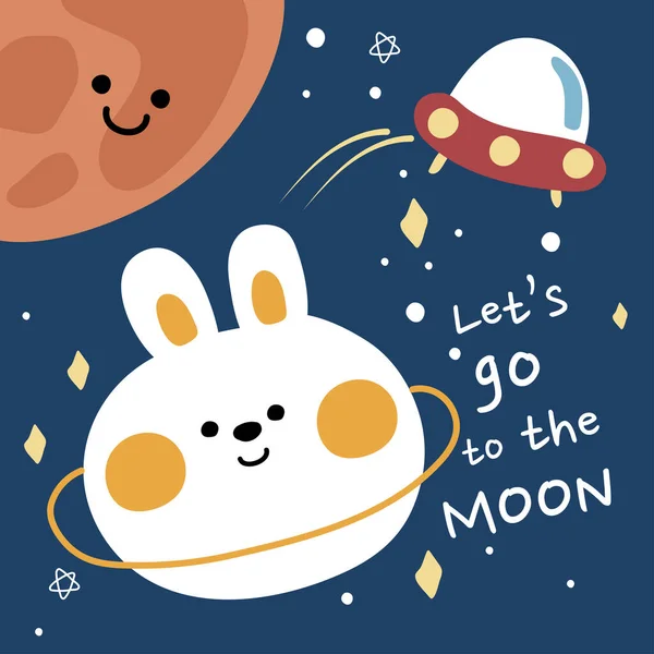 兔子星球在太空与Ufo 银河背景 有趣的卡通人物设计 我们去写月亮吧Doodle 说明1 — 图库矢量图片