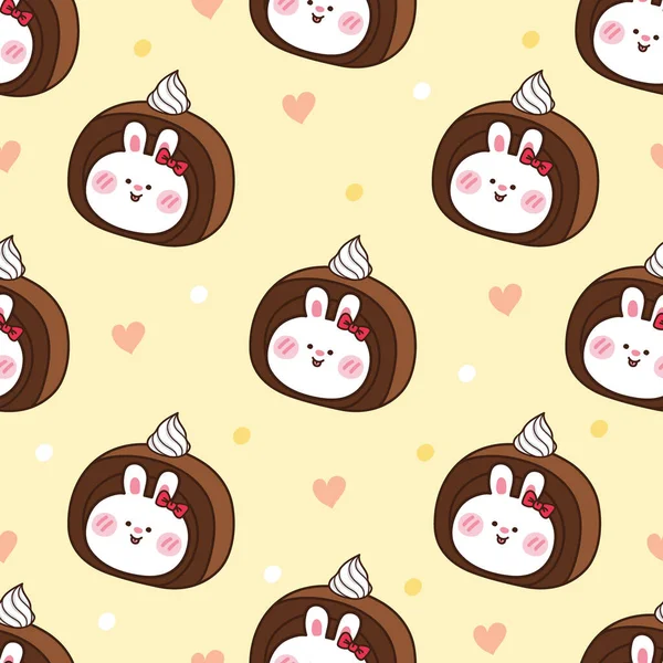 Seamlss Pattern Cute Rabbit Roll Cake Cartoon Chocolate Dessert Animal — Stock Vector