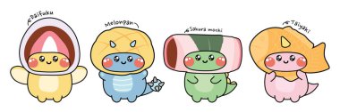 Japon tatlı kostümlü şirin dianosaur seti. Daifuku, melonpan, sakura mochi, taiyaki el çizimi. Hayvanlar için karakter tasarımı çizgi film koleksiyonu. Kawaii.Vector. Görüntü:.