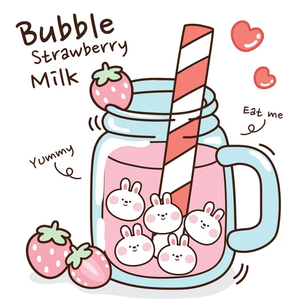 Blase Erdbeermilch Hand Gezeichnet Erdbeergeschmack Getränk Hintergrund Niedliche Kaninchen Perle — Stockvektor